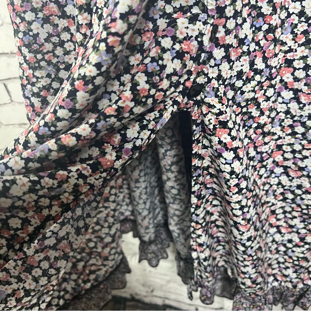 Easel Tiered Midi Dress Purple Floral Ruffle Sleeve Boho Cottage Core Large - Picture 8 of 12
